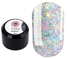 SAGA professional Galaxy glitter 09 (прозорий з голографічними молочними блискітками), 8 мл