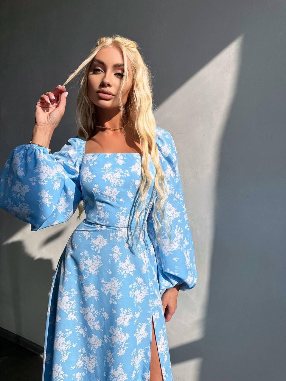 Сукня жіноча міді зі шнурівкою на спині та розрізом на нозі софт із квітковим принтом, фото 1