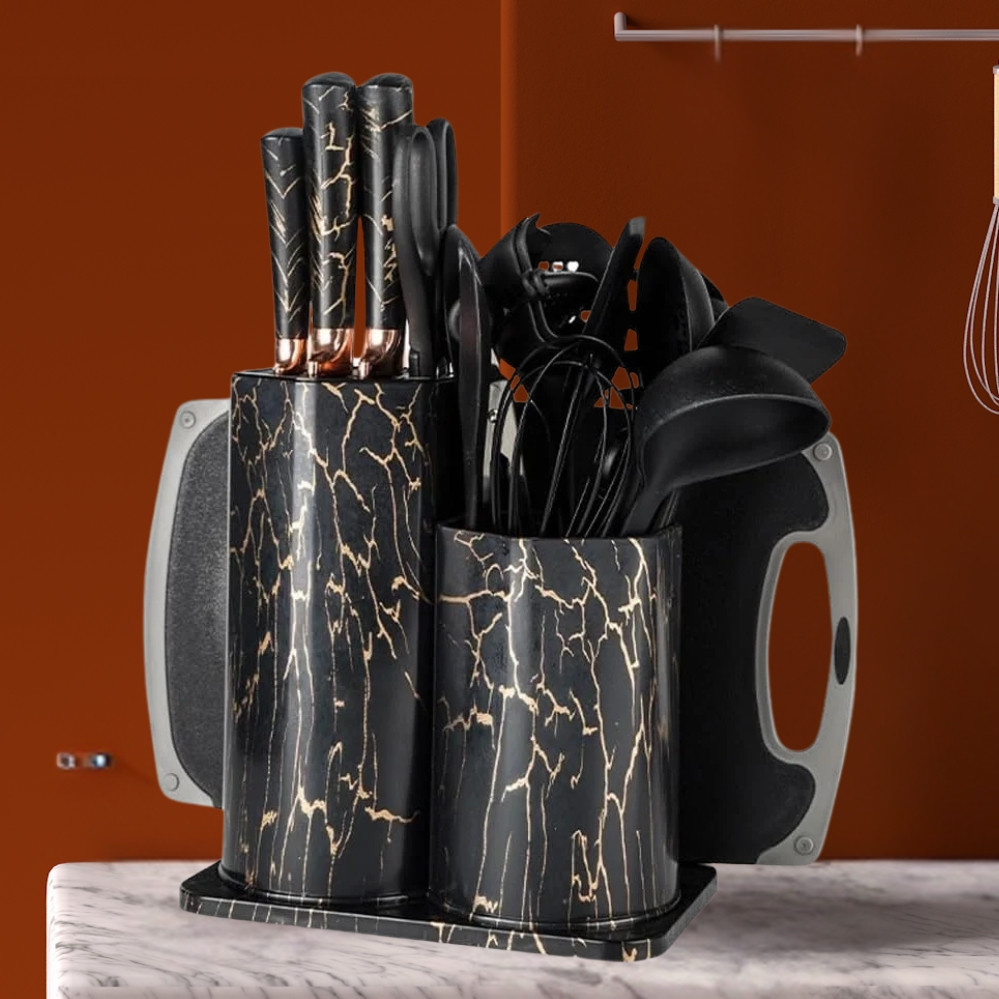 Набір кухонного приладдя 25 предметів з подвійною підставкою обробною дошкою набором ножів прихватками, фото 1