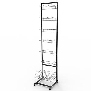 Стелаж сітчастий Єва-40 на 6 секцій з одинарними гачками та кошиком, чорний