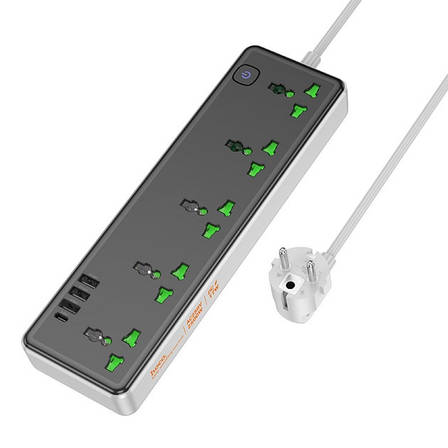 Подовжувач мережі на 5 розеток HOCO AC13A | 3USB/1Type-C 10A/250V/1,5m| потужність 2500W Чорний, фото 1
