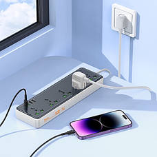 Подовжувач мережі на 5 розеток HOCO AC13A | 3USB/1Type-C 10A/250V/1,5m| потужність 2500W Чорний, фото 4