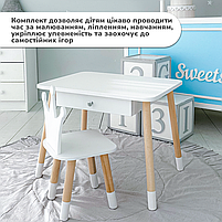 Стіл та стілець в дитячу, столик із шухлядою для їжі та навчання 46х60х45 стільчик для відпочинку 26.5х26х25, білий, фото 8