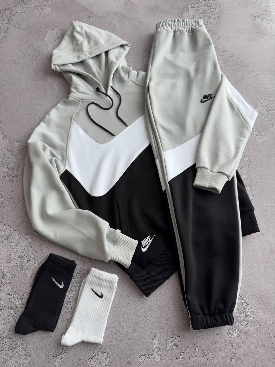 Жіночий портивний костюм Nike Big Swoosh весняний осінній оверсайз худі штани найк чорно-сірий