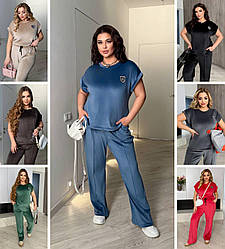 Велюровий брючний костюм жіночий із прямими широкими штанами та футболкою, великих розмірів 48/50, 52/54, 56/60