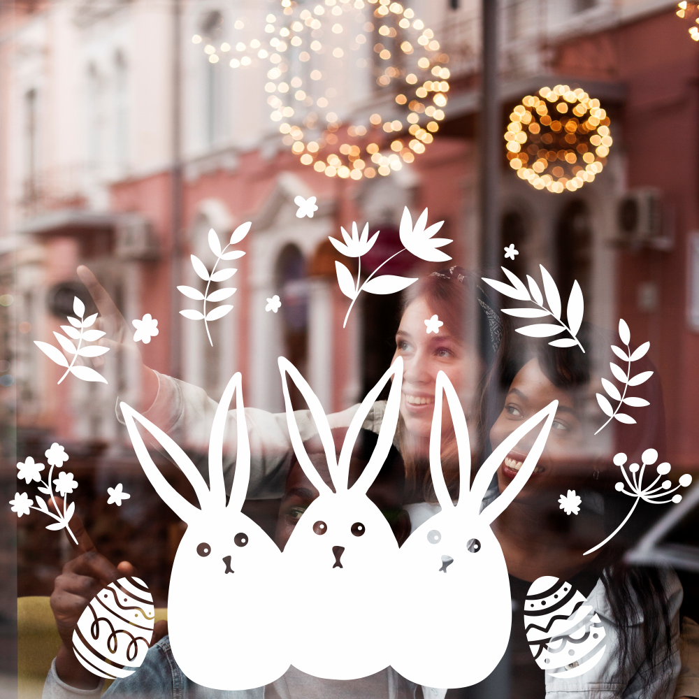 Вінілові наклейки на вікна Happy Pocket Великодні кролики зайці 3 шт. яйця квіти декор Пасха білий матовий