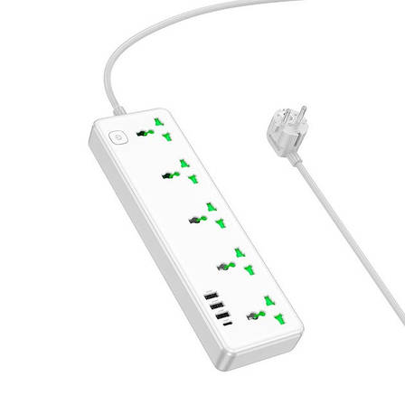Подовжувач мережі на 5 розеток HOCO AC13A | 3USB/1Type-C 10A/250V/1,5m| потужність 2500W Білий, фото 1