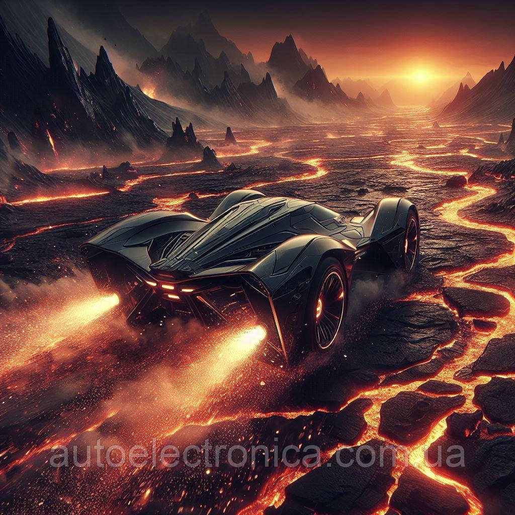 Картина на полотні "Futuristic Vehicle Speeds Across a Volcanic Landscape" | FVV 7.9