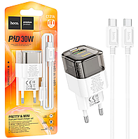 Мережевий зарядний пристрій Hoco C131A QC3.0 (1Type-C/30W) + Type-C/Type-C прозоро-чорний