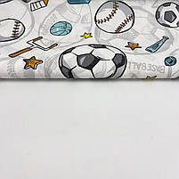 Турецька бавовняна тканина ранфорс "М'ячі, біти, рукавички ментолові на білому" 240 см, фото 5