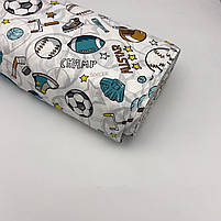 Турецька бавовняна тканина ранфорс "М'ячі, біти, рукавички ментолові на білому" 240 см, фото 3