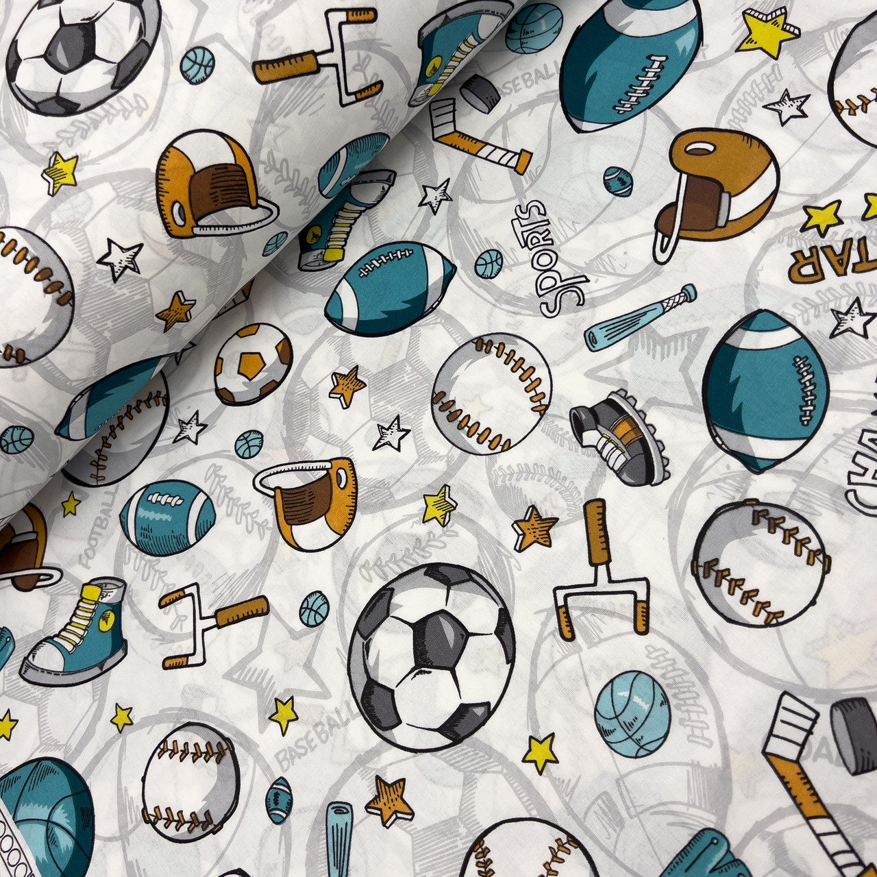 Турецька бавовняна тканина ранфорс "М'ячі, біти, рукавички ментолові на білому" 240 см, фото 1