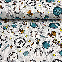 Турецька бавовняна тканина ранфорс "М'ячі, біти, рукавички ментолові на білому" 240 см, фото 4