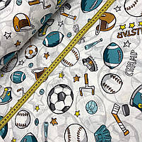 Турецька бавовняна тканина ранфорс "М'ячі, біти, рукавички ментолові на білому" 240 см, фото 2