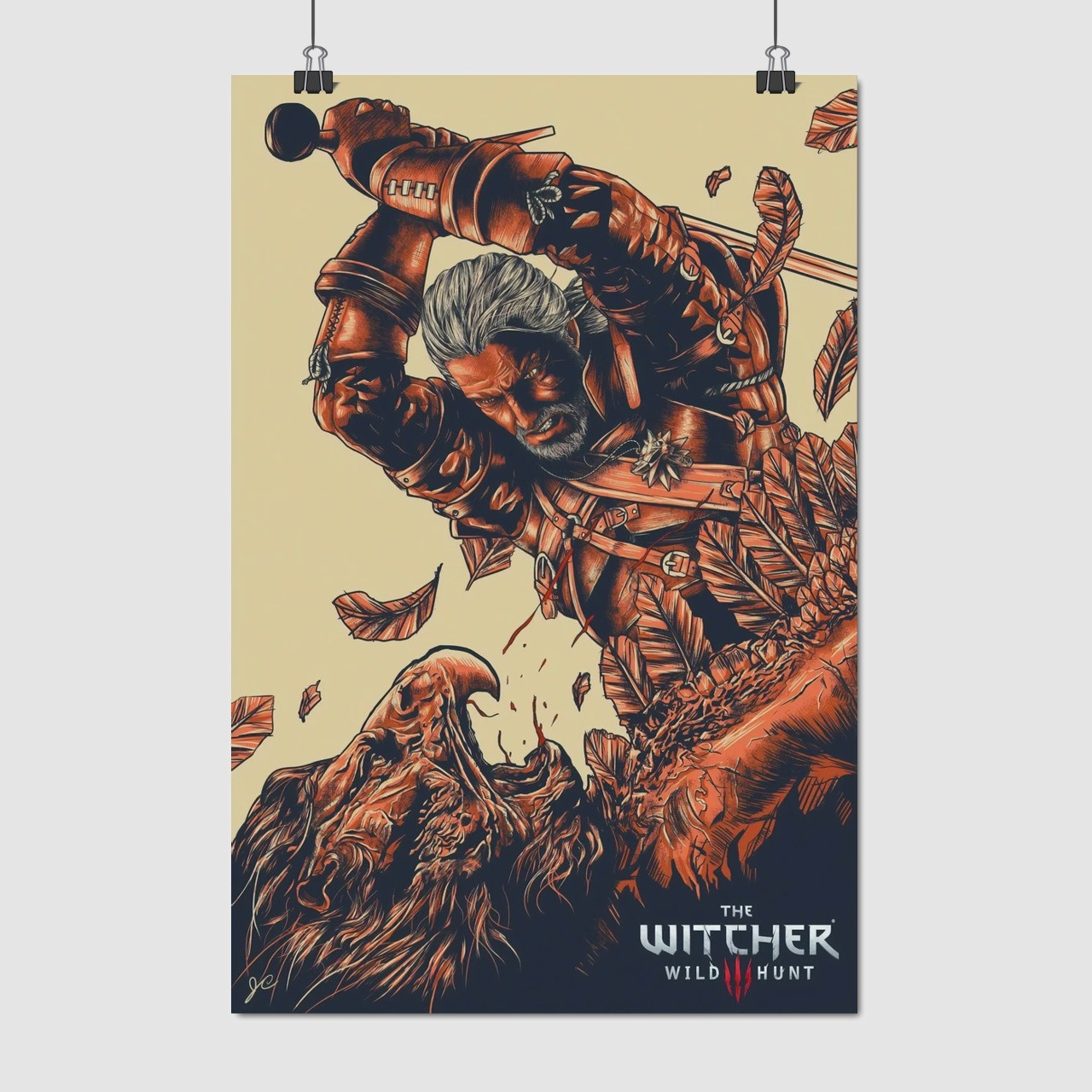 Плакат "Відьмак Геральт та Грифон, Witcher", 60×40см