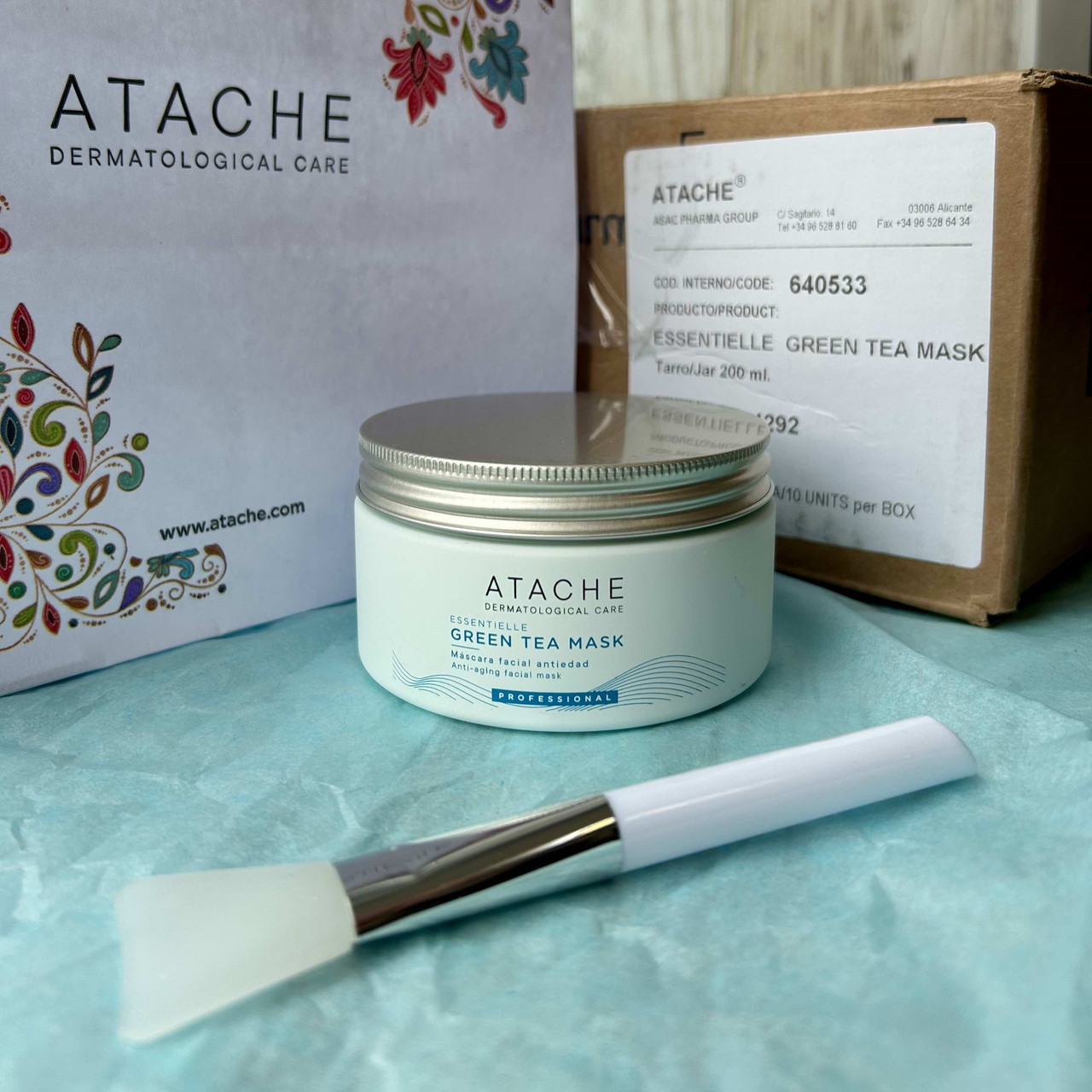 Маска для обличчя із зеленим чаєм ATACHE Essentielle Green Tea Mask 200 мл + Силіконовий пензлик для нанесення, фото 1