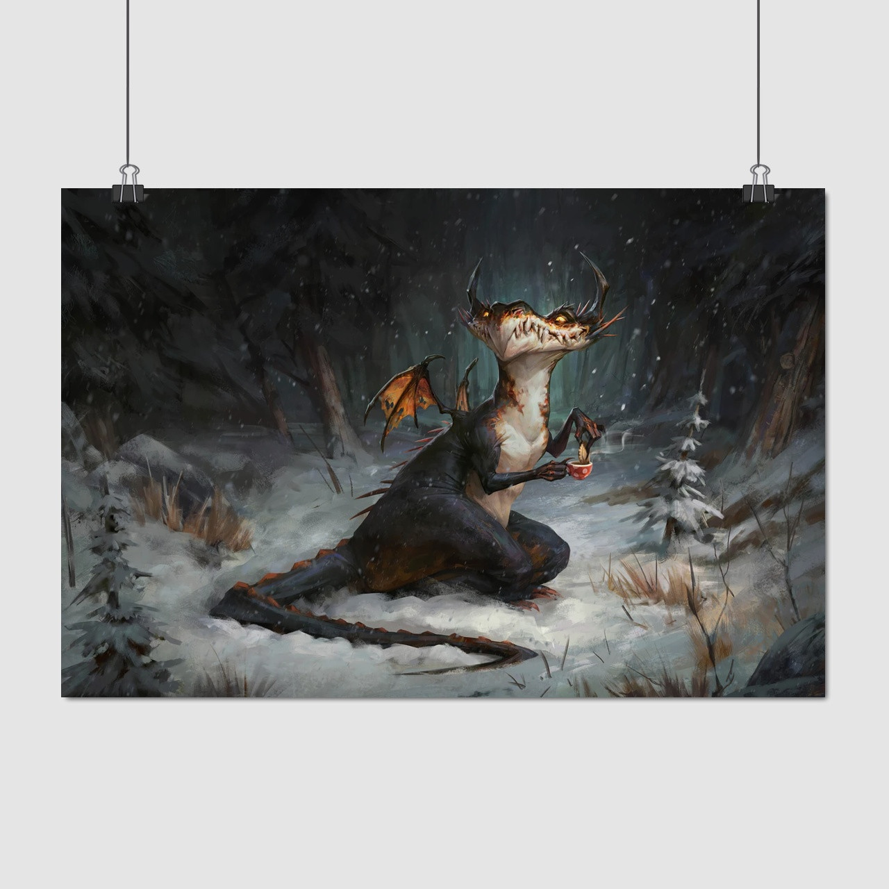 Плакат "Дракончик п'є чай у зимовому лісі", 40×60см