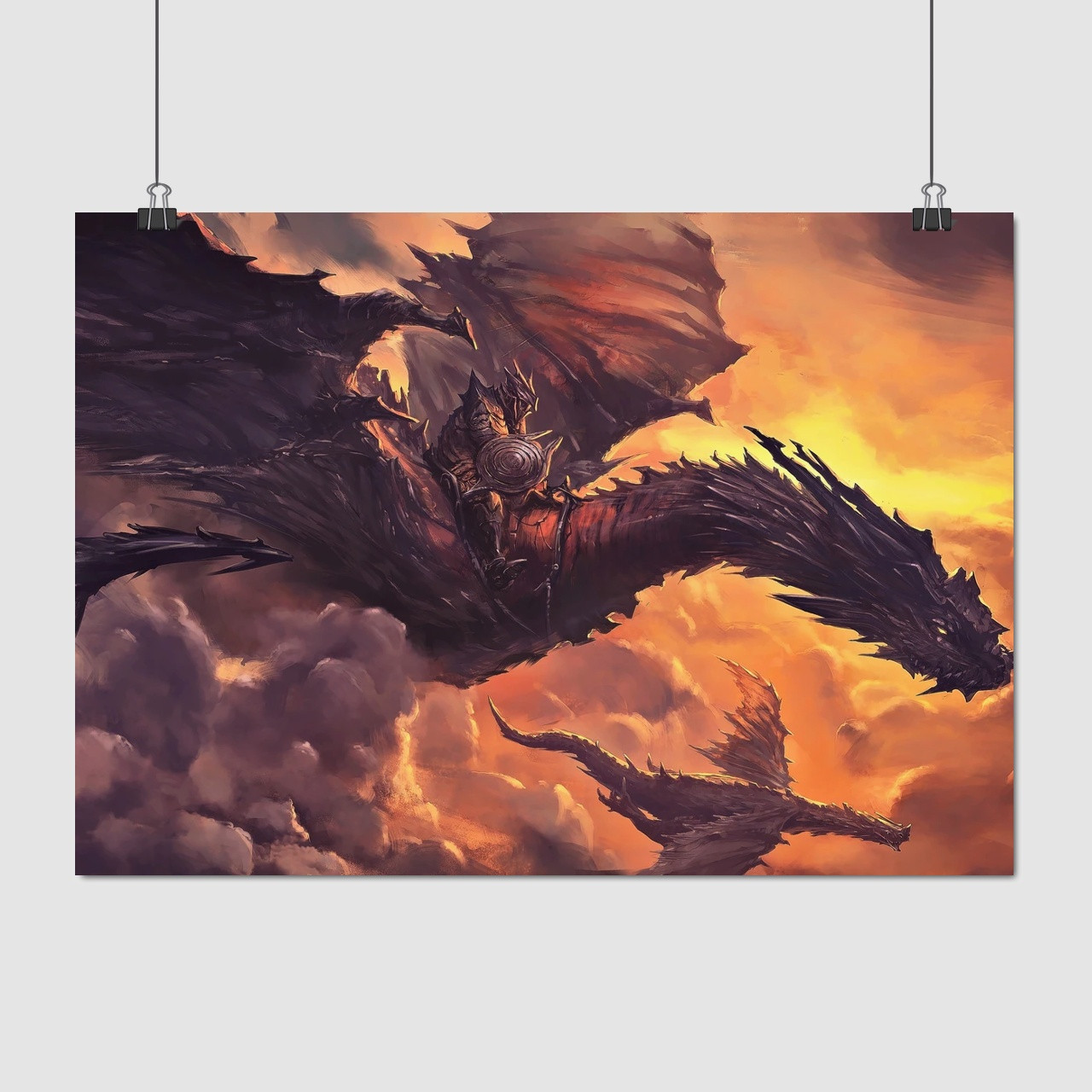 Плакат "Вершник на драконі, що летить у хмарах", 34×60см