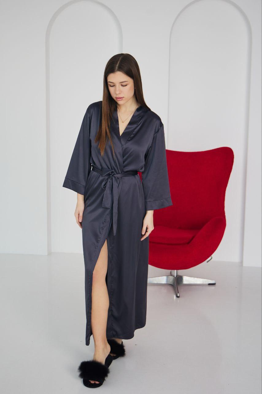 ХАЛАТ ШОВКОВИЙ жіночий довгий ГРАФІТ 117, фото 1