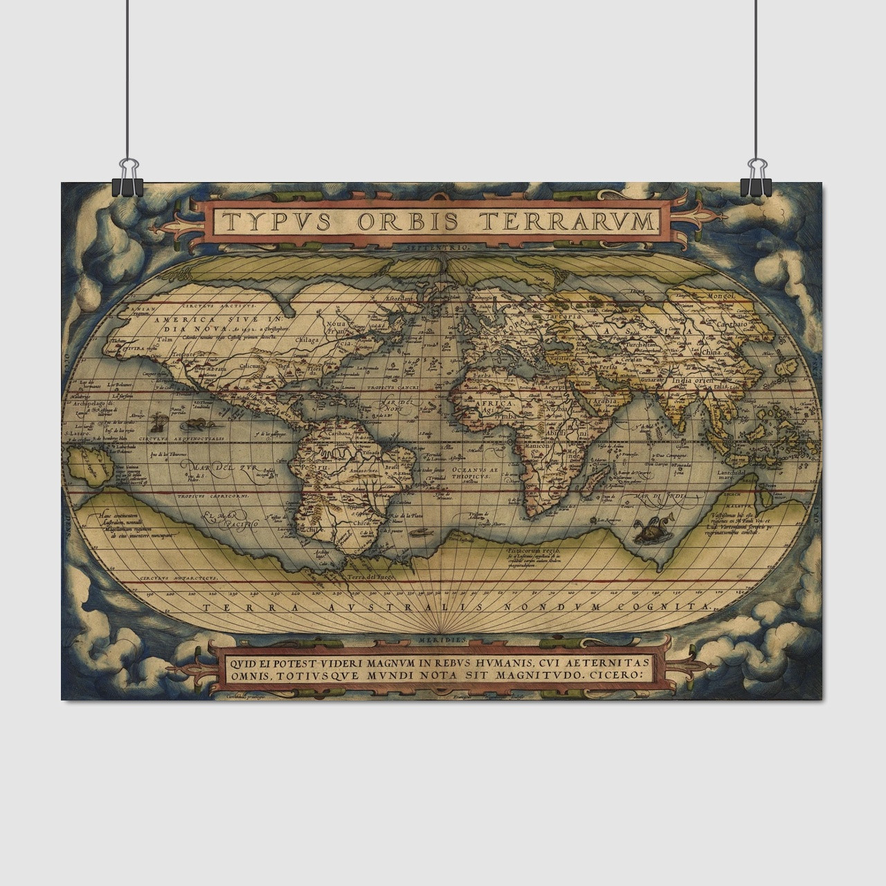 Плакат "Карта світу Абрахама Ортелія, 1564 рік", 41×60см