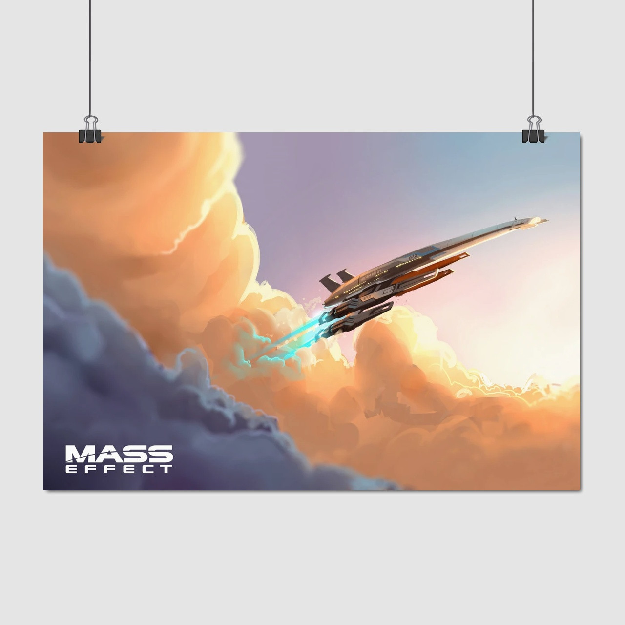 Плакат "Ефект маси, Нормандія у хмарах, Mass Effect, Normandy", 40×60см