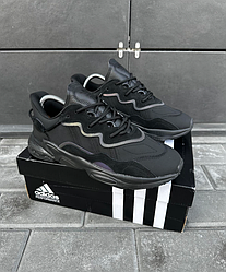 Стильні чоловічі кросівки Adidas Ozweego Black чорні Адідас Озвиго шкіряні рефлективы