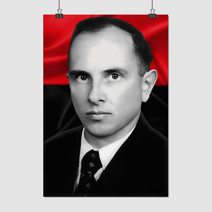 Плакат "Степан Андрійович Бандера (ч\б) та прапор УПА, Stepan Bandera", 60×40см, фото 1