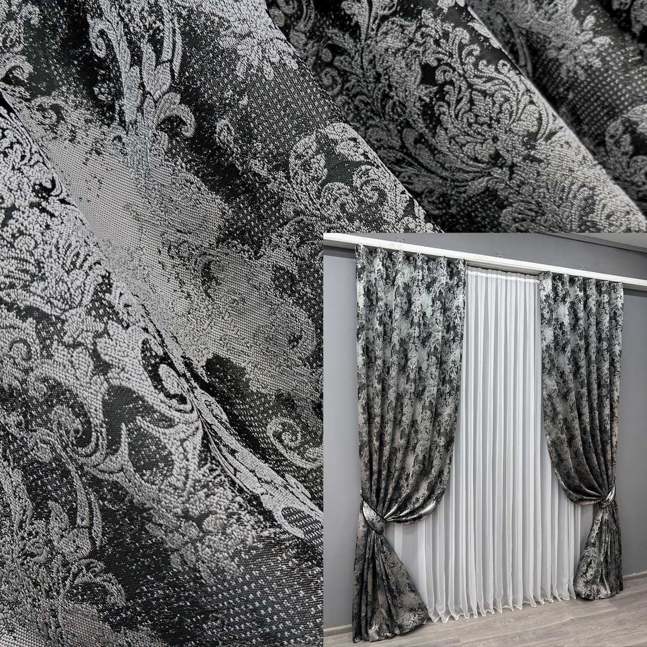 Комплект штор (2шт. 1,5х2,9м.) "Льон Преміум", Туреччина. Колір чорний із сірим. Код 1695ш 33-0595, фото 1