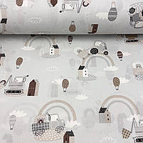 Польська бязь "Коричневий трактор, вантажівка, ескалатор на світло-сірому" 160 см, фото 3