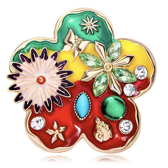 Брошка на золотистій основі квіточок із малюнками намистинами та стразами покрита емаллю розмір виробу 60х60 мм