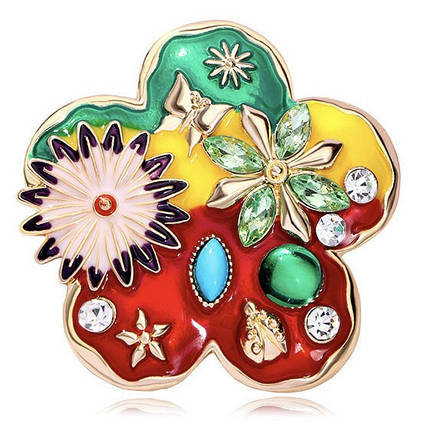 Брошка на золотистій основі квіточок із малюнками намистинами та стразами покрита емаллю розмір виробу 60х60 мм, фото 1