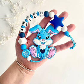 Іменний силіконовий гризунок для хлопчика, прорізувач для зубів, Зайчик Банні (блакитний)