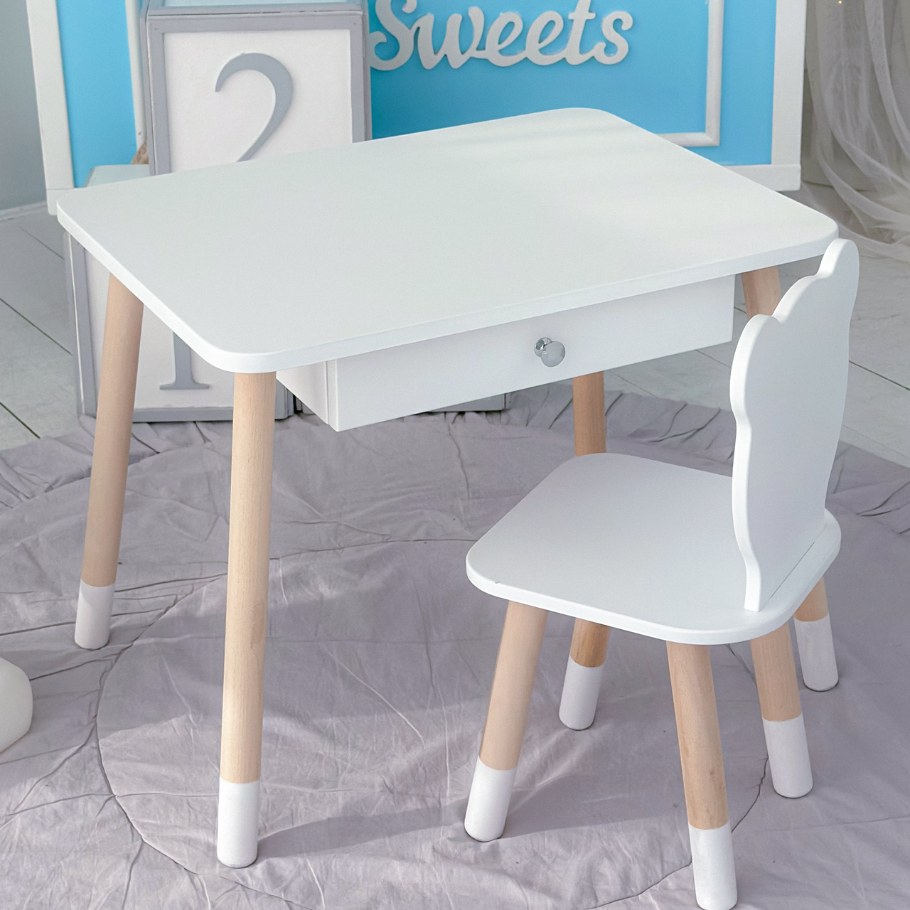 Столик із шухлядою для олівців і розмальовок 46х60х45 та стільчик для занять та ігор 26.5х26х25, стіл та стілець в дитячу,білий, фото 1