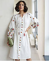 Женское платье вышиванка молочного цвета с яркой цветочной вышивкой размеры S, M, L