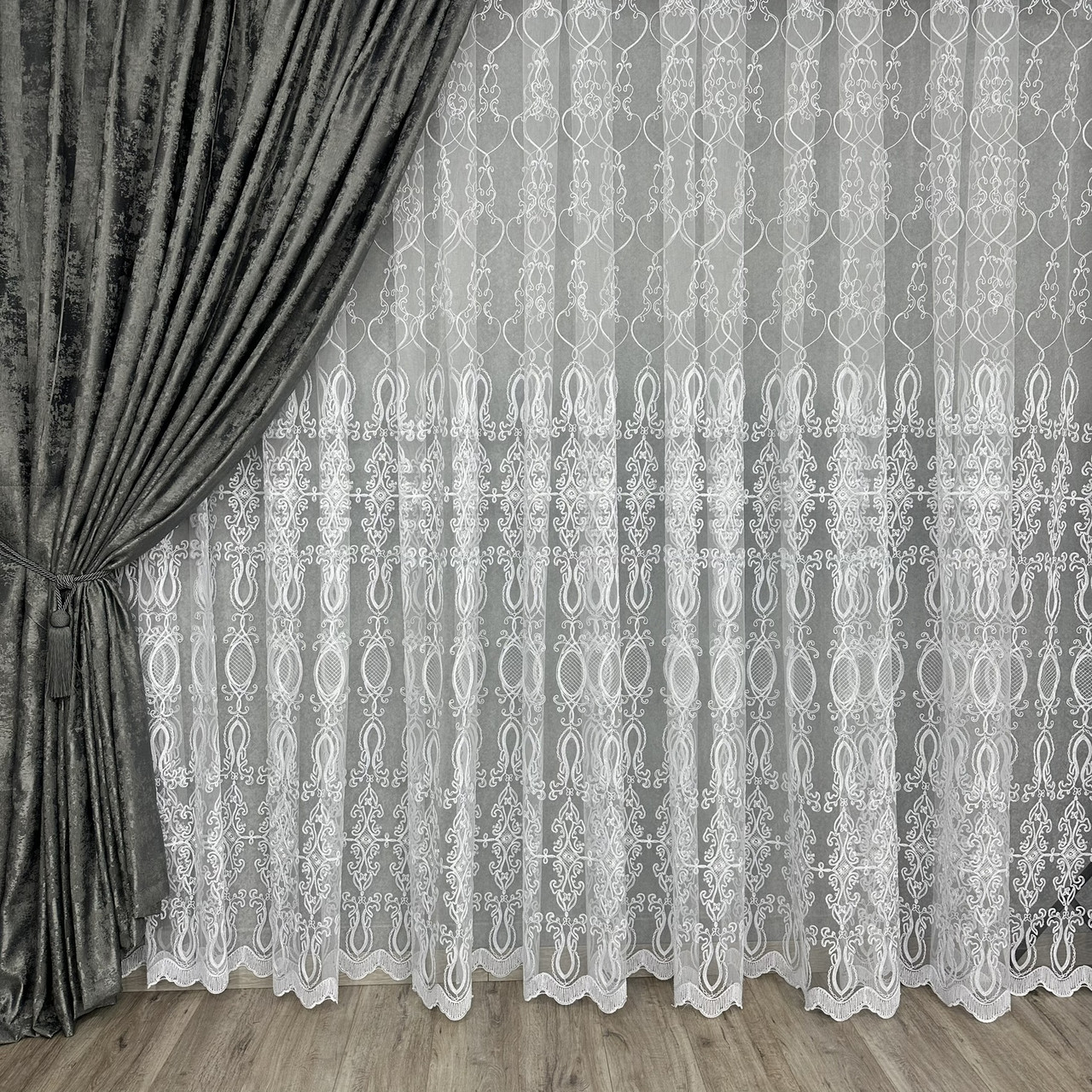 Фатинова тюль із кордовою вишивкою No161003 Білий на відріз