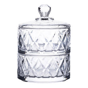 Дворівнева скляна цукерниця з кришкою під кришталь прозора