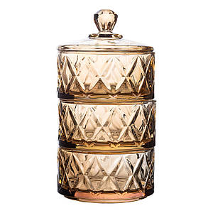 Трирівнева скляна цукерниця з кришкою Ø 10 см під кришталь коричнева