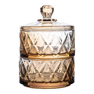 Дворівнева скляна цукерниця з кришкою Ø 10 см під кришталь коричнева