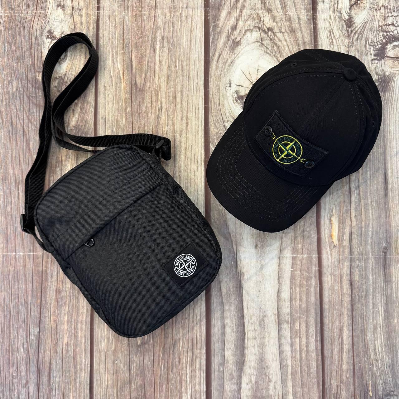 Комплект чоловічий сумка кепка Stone Island спортивний набір стон айленд чорний