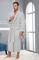 Легкий махровий чоловічий халат з шалевим коміром Nusa Великий розмір сірий у клітинку