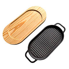 Чавунна гриль-сковорода овальної форми 37 см на дерев’яній підставці