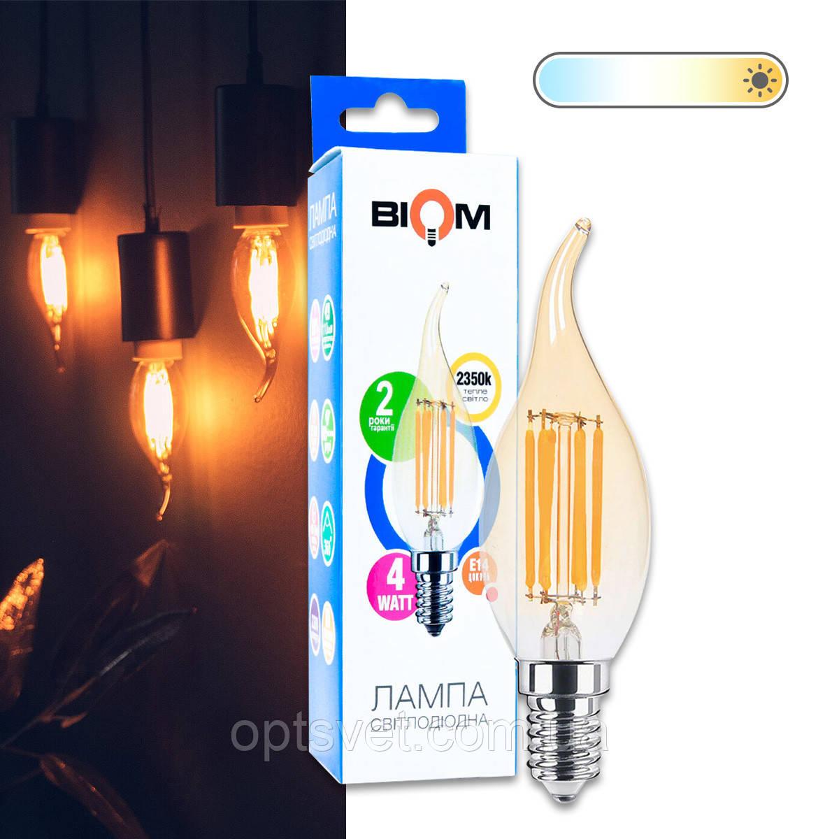 Світлодіодна лампа Biom FL-415 C35 LT 4W E14 2530K Amber свічка на вітрі, фото 1