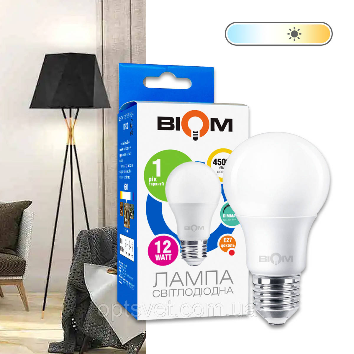 Світлодіодна лампа Biom BT-532 A60 12 W E27 4500 K switch dimmable матова, фото 1