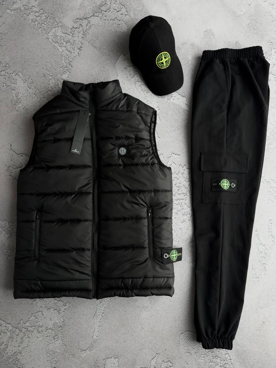 Комплект stone island спортивний костюм чоловічий жилетка чоловіча осінній весняний набір 3в1 стон айленд чорно-білий