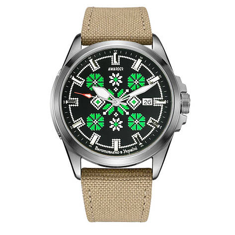 Awarder Embroidery Silver-Green Khaki Automatic 10ATM, фото 1