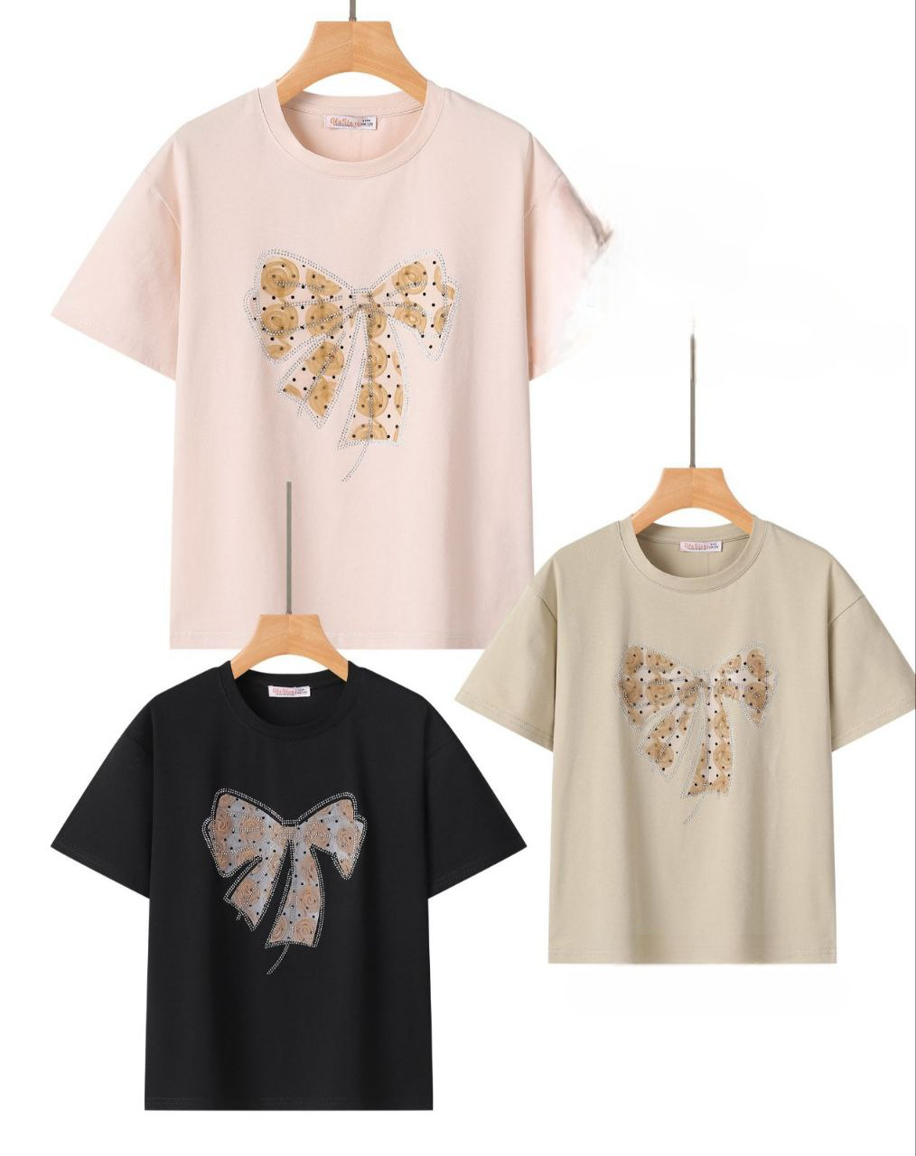 Футболка для дівчинки з бантиком у бежевому кольорі, фото 1