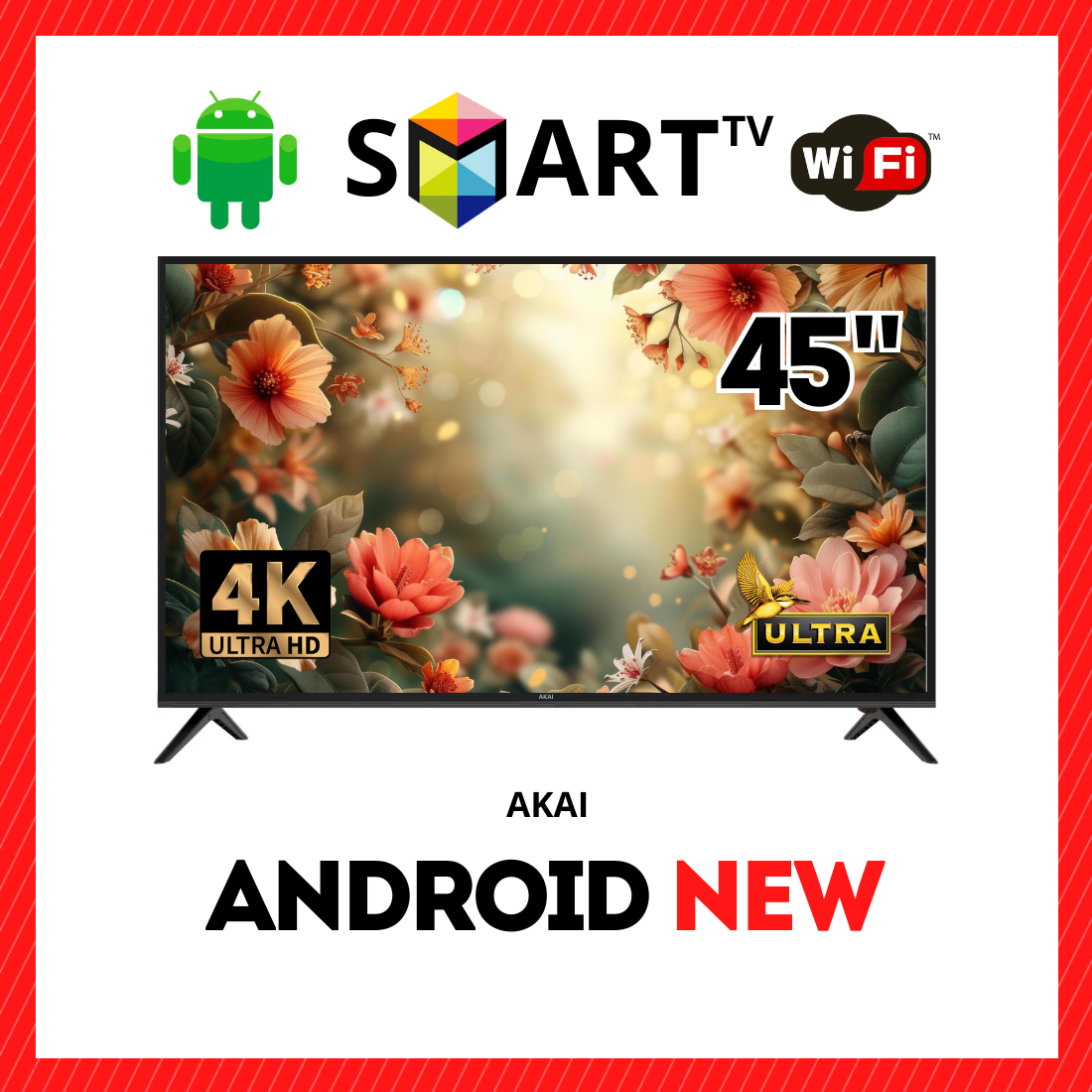 Телевізор AKAI 45" Smart DVB/T2/FullHD/USB Android 13.0 блютуз + голосове управління