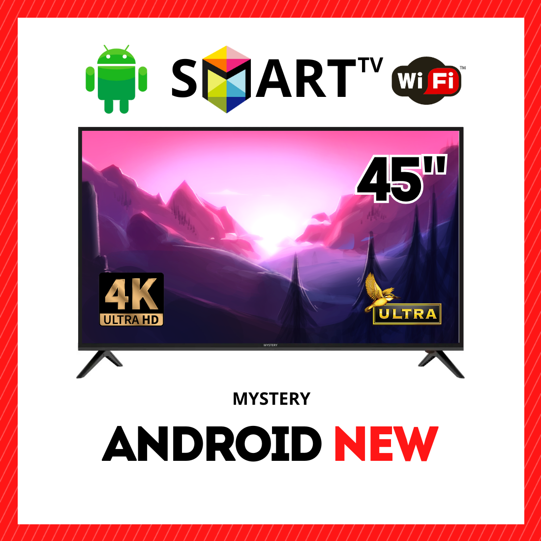 Телевізор Mystery 45" I Андроїд 15.0/Smart TV/DVB/T2/FullHD/USB/ (1980x1080) блютуз + голосове управління