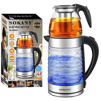 Електрочайник із заварником 2,2л/0,8л, 1500Вт, SOKANY SK-09054 / Скляний чайник електричний