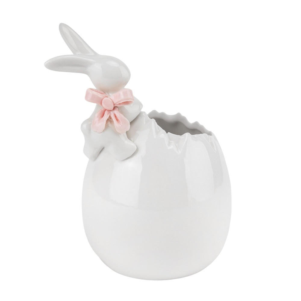 Керамічна ємність для зберігання дрібних продуктів "Кролик з бантиком" у вигляді яйця з кроликом, фото 1